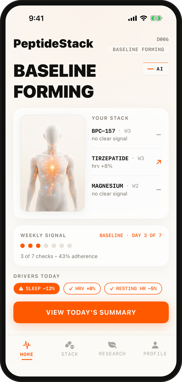 PeptideStack home screen showing per-compound reads while a baseline forms