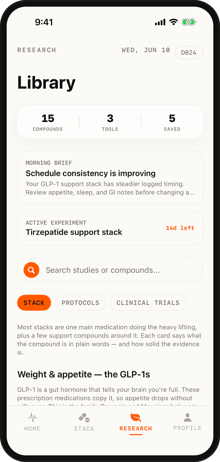 PeptideStack research library with compound evidence and active experiment