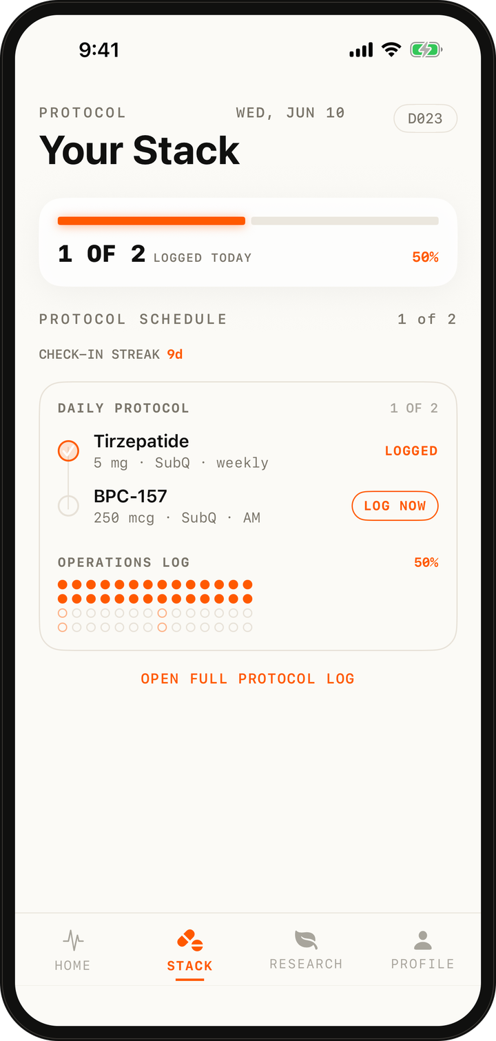PeptideStack protocol tracker showing the daily stack and operations log